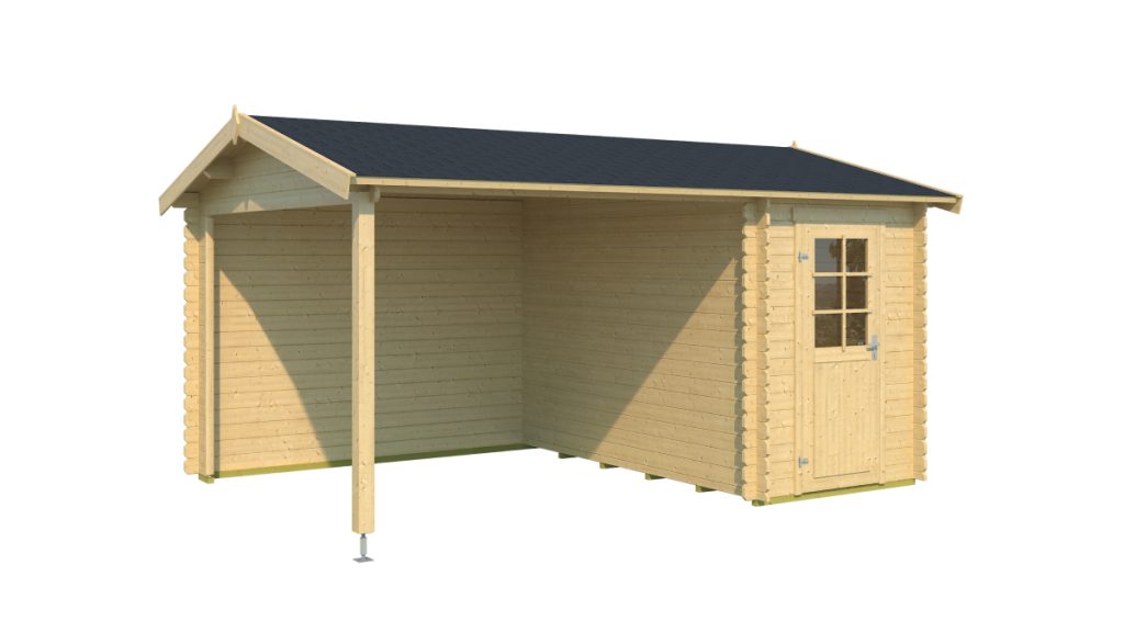 Dřevěný zahradní domek Wibo 300 se světlým dřevem, střechou a terasou