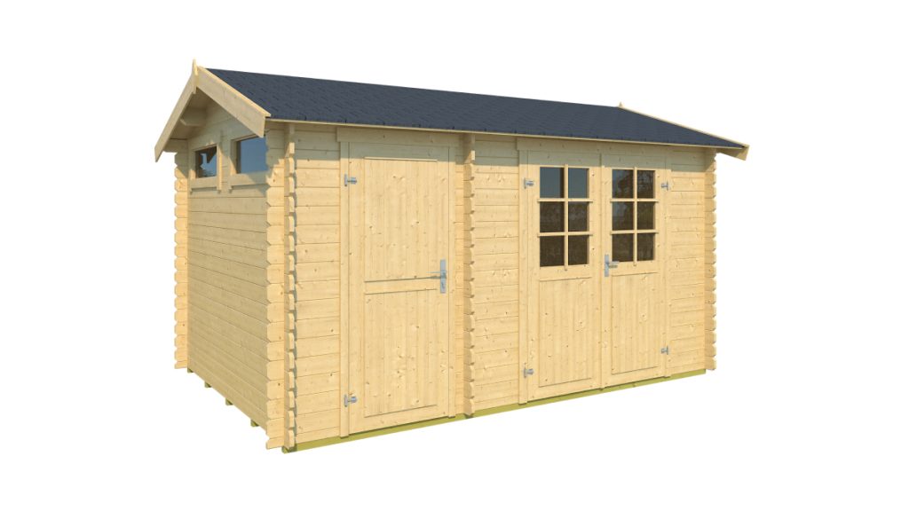 Moderní zahradní domek William s pultovou střechou, dvoukřídlými dveřmi a dvěma čtvercovými okny