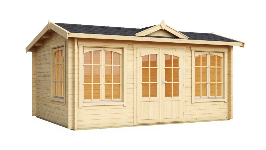 ** Dřevěný zahradní domek Windsor 44 ze světlého dřeva se skleněnými okny a dvoukřídlými dveřmi