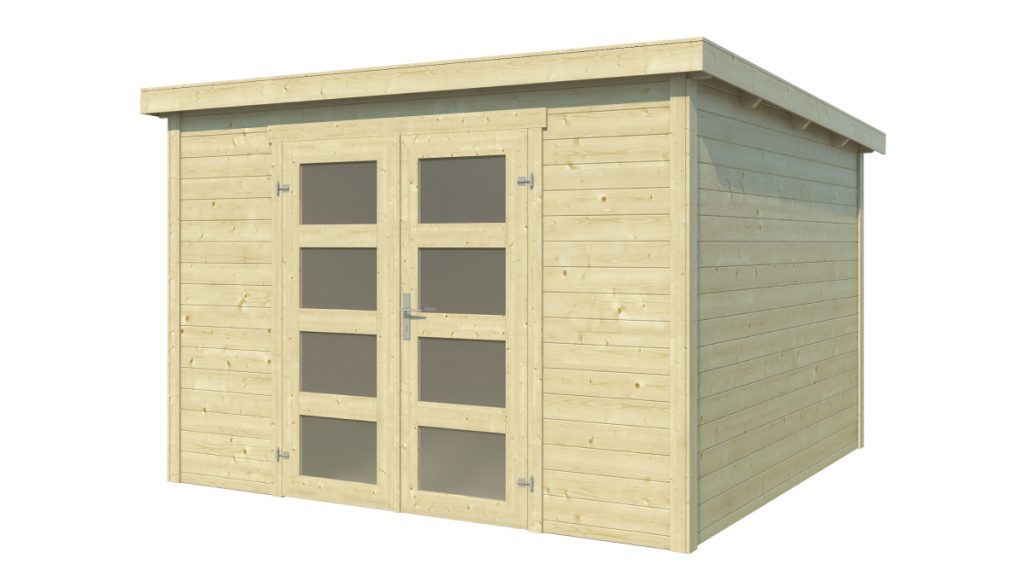 ** Dřevěný zahradní domek Zambezi se světle béžovými stěnami, dvojitými posuvnými dveřmi se skleněnými okny a plochou střechou.