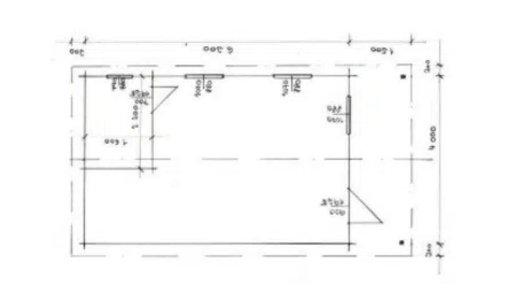 ** Technický nákres dřevěného zahradního domku se střešní konstrukcí a detailními rozměry