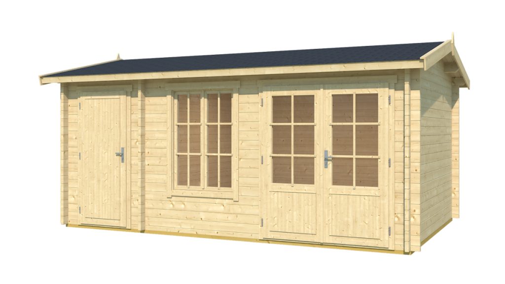 Prostorný dřevěný zahradní domek Wrexham 2 se sedlovou střechou a prosklením na čelní stěně