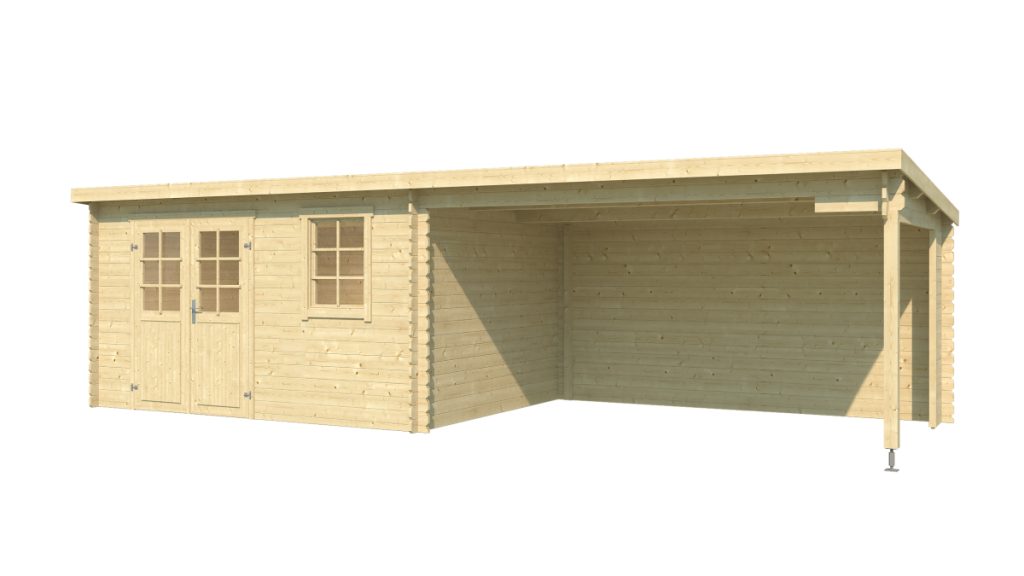 Dřevěný zahradní domek RENO s pultovou střechou a otevřeným bočním přístřeškem