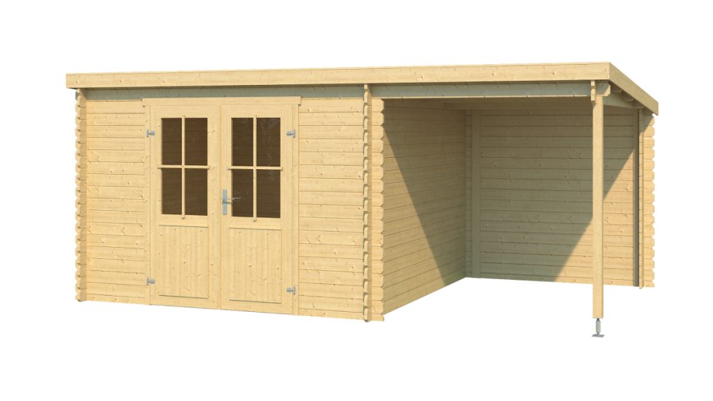 Moderní zahradní domek Tampa s pultovou střechou a prostorným bočním přístřeškem