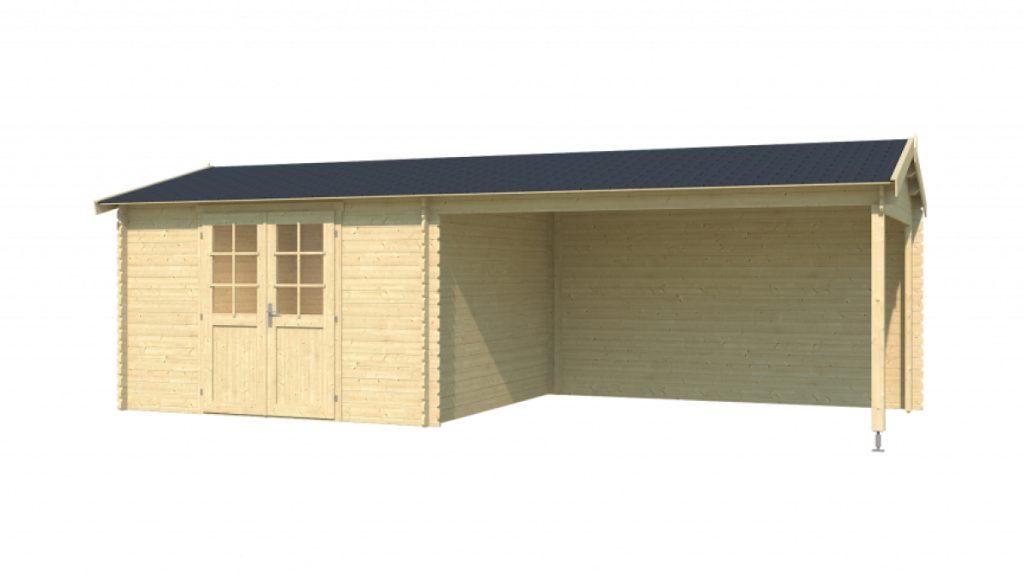 Dřevěný zahradní domek Amarillo s terasou, světlé barvy, okna a dveře