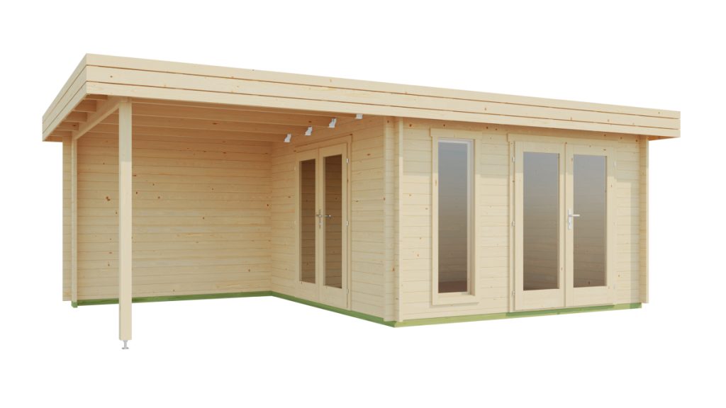 Zahradní domek s terasou Anders - dřevěná chata se světlým dřevem, velkými okny a krytou terasou