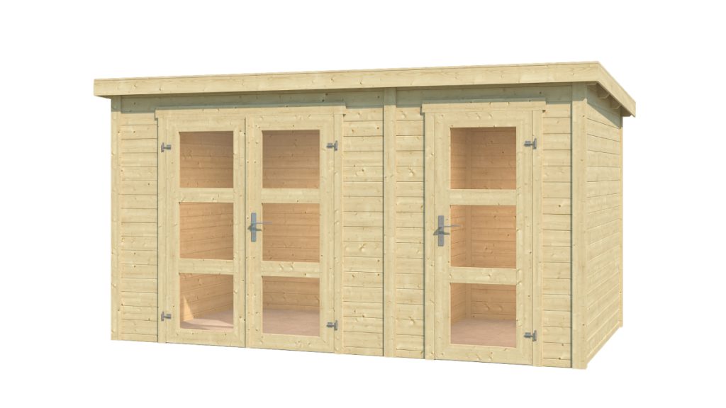 Dřevěný zahradní domek Zambezi XL se dvěma pokoji, světlé barvy, se skleněnými dveřmi