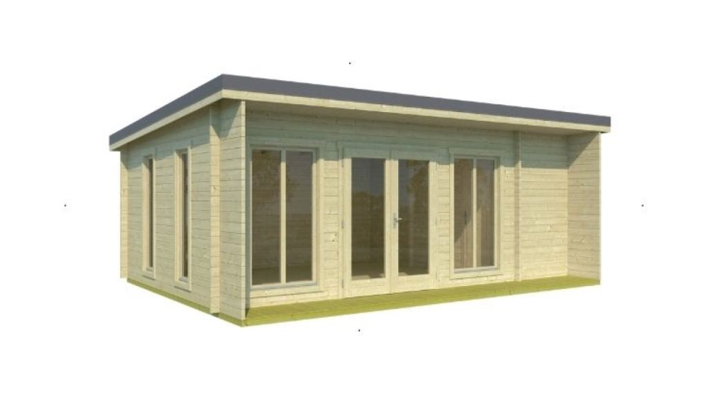 Zahradní dům JAPAN 44 s dřevěným obkladem, velkými okny a tmavou střechou, pohled ze strany.