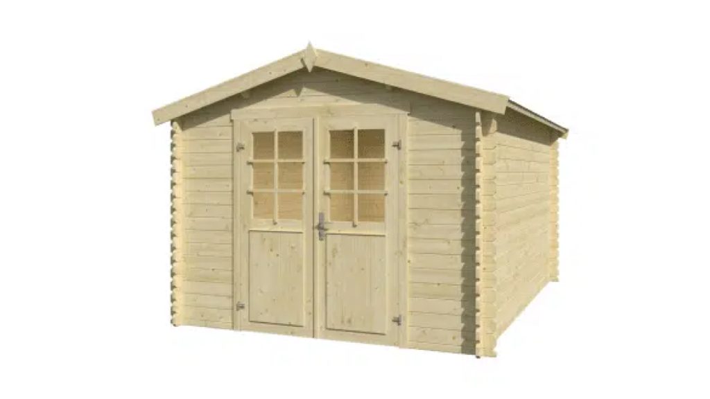 Zahradní sklad NORAH 380 - dřevěný přístřešek s dvojitými dveřmi a okny, perspektivní pohled