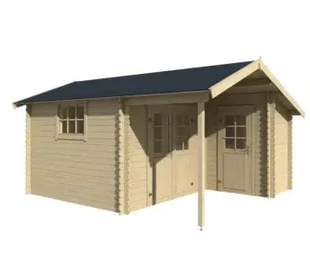 Produktový náhled srubového zahradního domku Strassburg se skladem a boční terasou na bílém pozadí