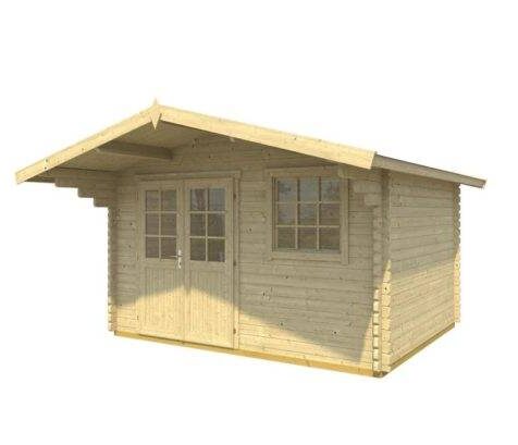 Srubová zahradní chatka Offenburg 2 se sedlovou střechou a prosklenými dveřmi na bílém pozadí