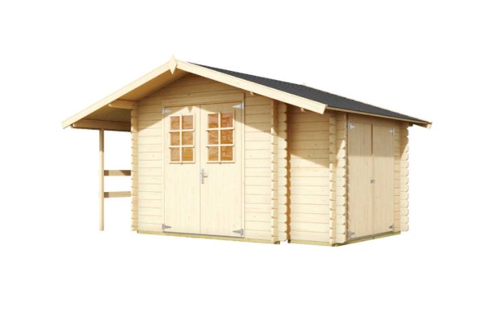 Zahradní chatka Vilano 2 se sedlovou střechou, prosklenými dveřmi a praktickým bočním přístřeškem