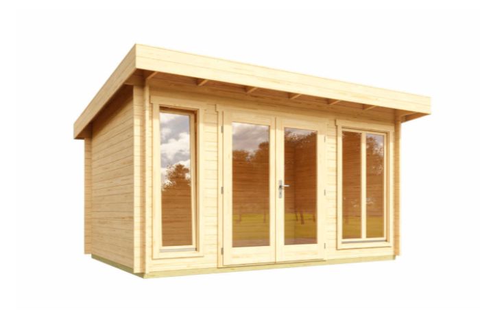 Moderní dřevěná zahradní chatka Dorset s pultovou střechou a prosklenými dveřmi